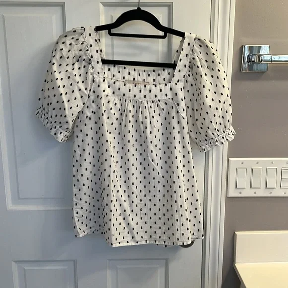 Loft Clip Sleeve Square Neck Puff Short Sleeve Top Black White Swiss Dot - Picture 2 of 5